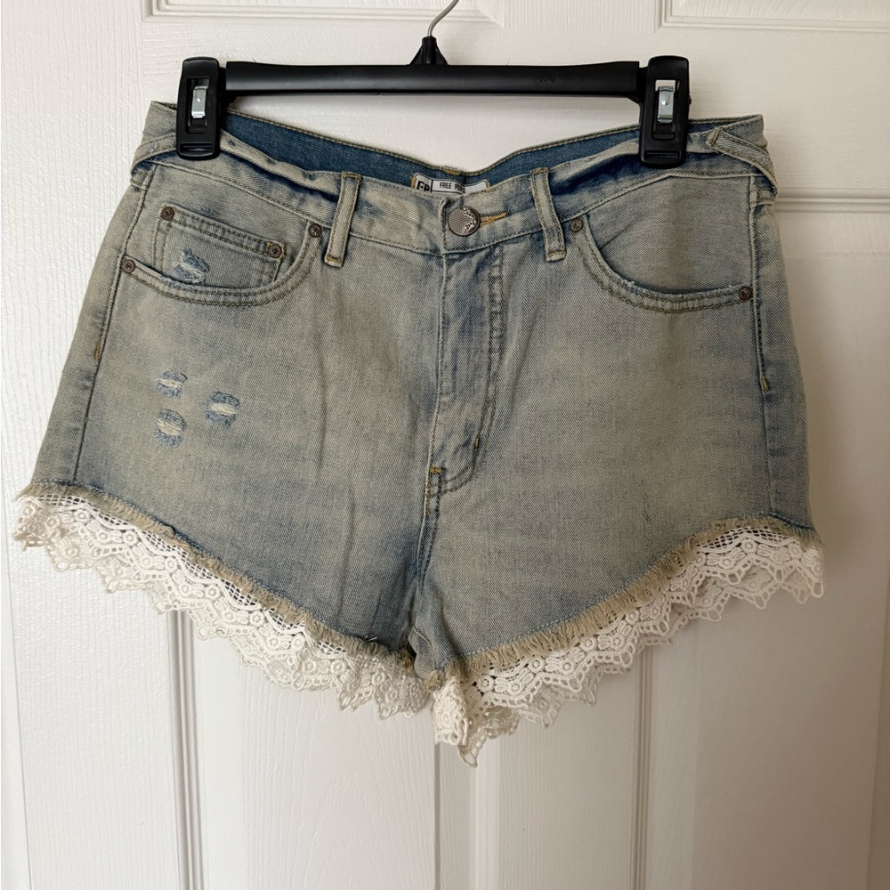 Free People Light Blue Jean Shorts with Lace Trim